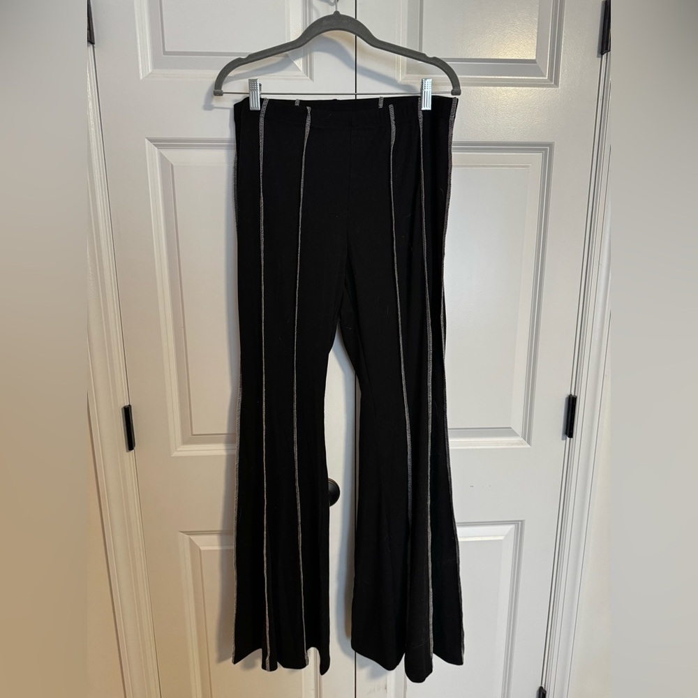 Black Flared Women's Stretch Pants with White Details